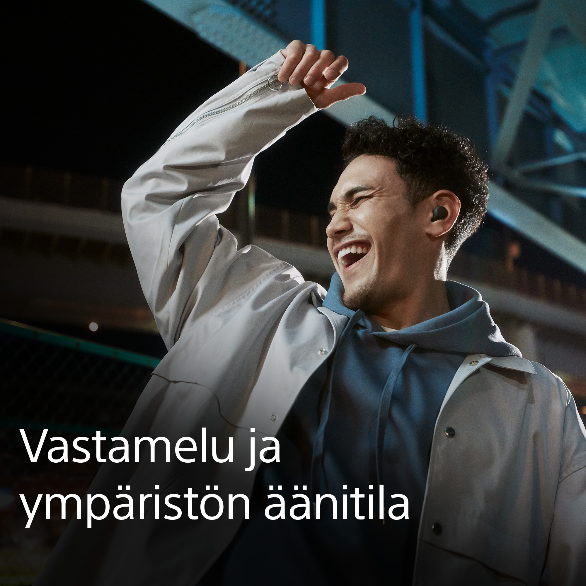 Sony - LinkBuds S -kuulokkeet päässä oleva mies sekä teksti vastamelusta