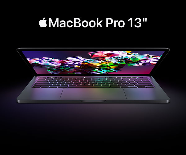 MacBook Pro 13" -teksti ja kuva kannettavasta tietokoneesta, jonka näytössä värikäs taustakuva