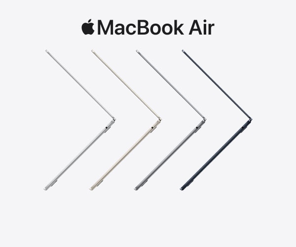 MacBook Air M2 2022 -mainoskuva, jossa neljä MacBookia peräkkäin sivusta päin kuvattuna