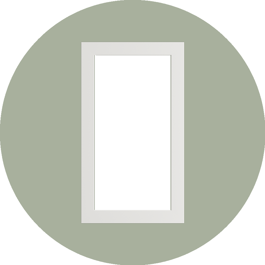 Pyöreä kuva, jossa valkoinen Epoq Trend -vitriiniovi vihreällä taustalla