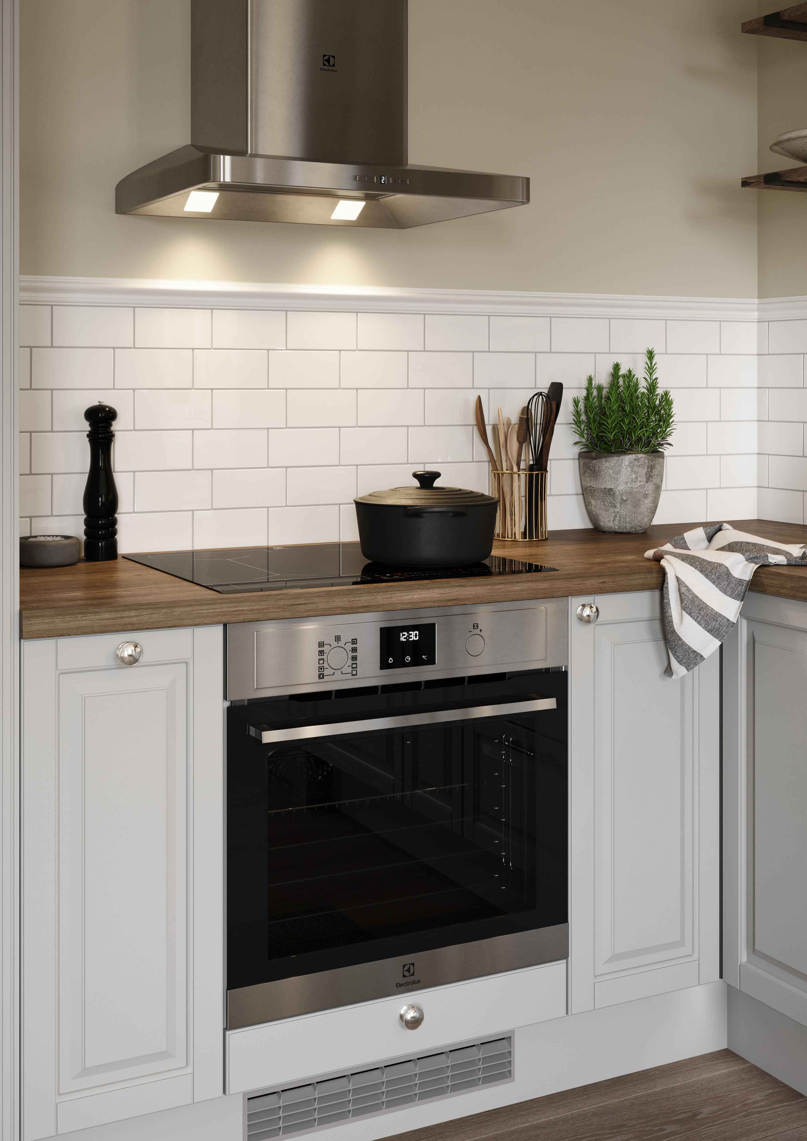 EPOQ Heritage Light Grey -keittiö Electroluxin integroidulla uunilla, liesituulettimella sekä keittiön tuulettimella