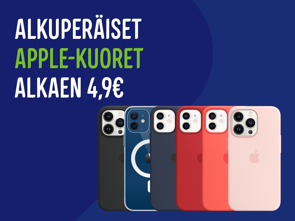 Erivärisiä iPhoneja vierekkäin ja alkuperäisten Apple-kuorien kampanjateksti