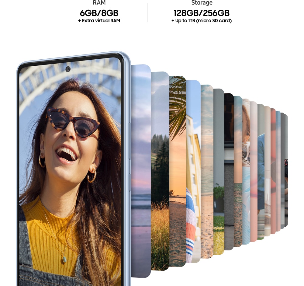Samsung Galaxy A53 ja erilaisia kuvia rivissä sen takana sekä tietoa tallennustilasta