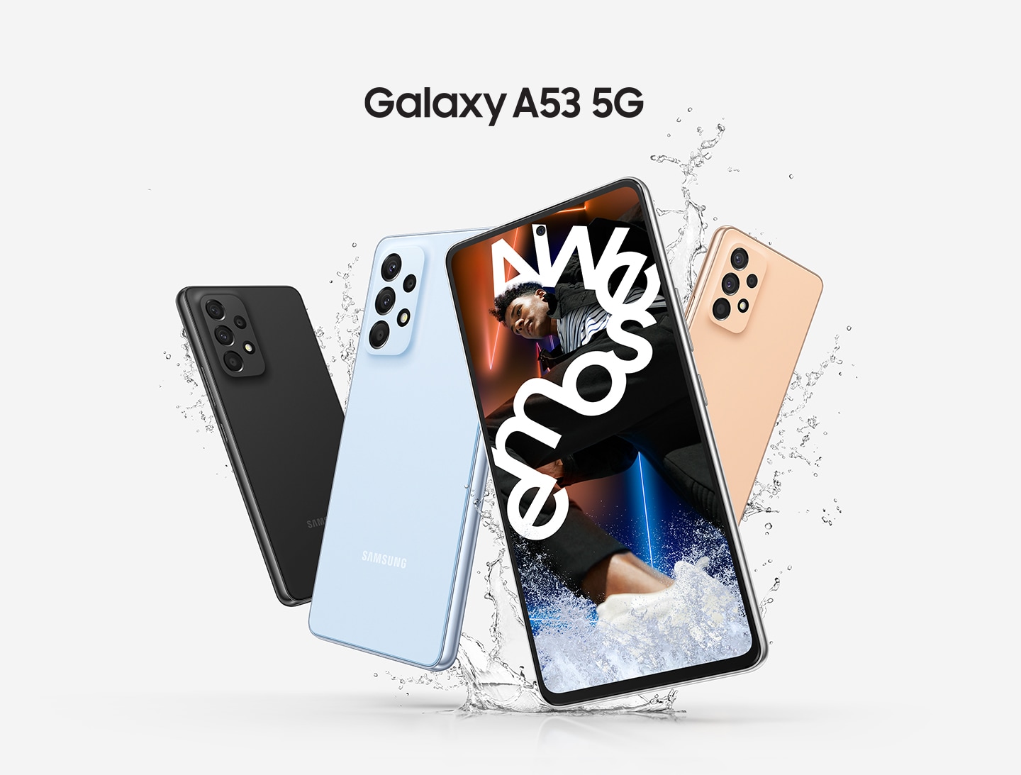 Neljä eriväritsä Samsung Galaxy A53 -puhelinta ja mallin nimi kirjoitettuna niiden yläpuolelle