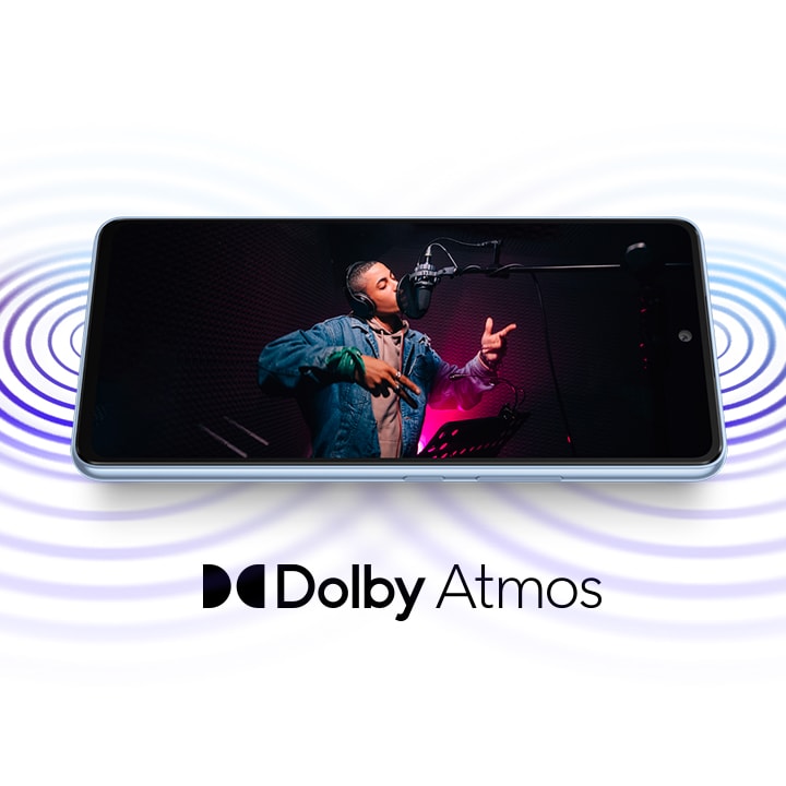 Samsung Galaxy A53 -puhelin ja sen alla teksti Dolby Atmos