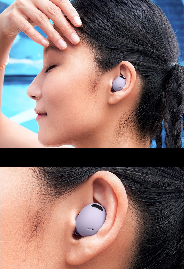 Samsung- Sivukuva naisesta, jolla on Galaxy Buds2 Pro in -kuulokkeet-desktop