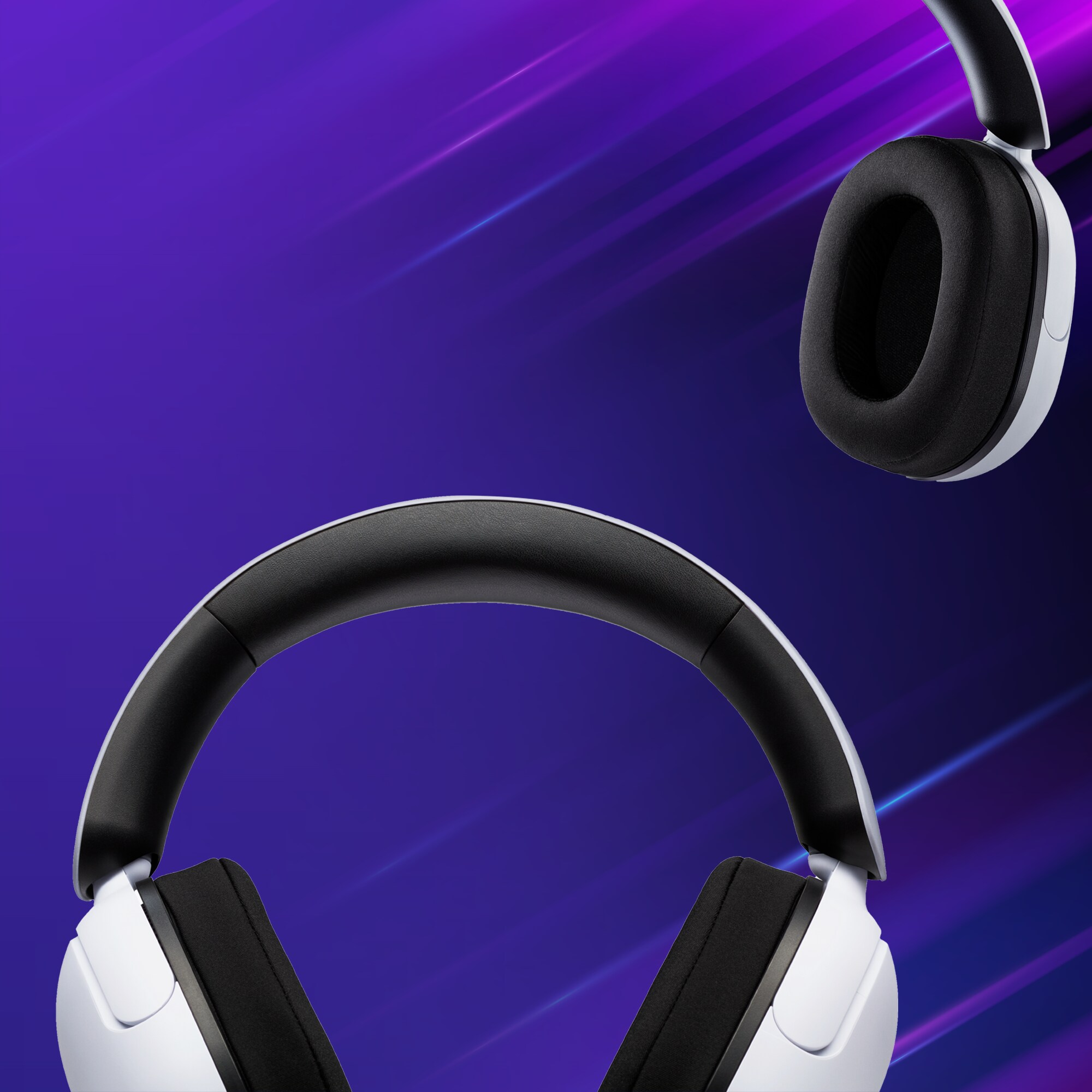 Kahdet Sony Inzone -pelikuulokkeet sini-violetilla taustalla