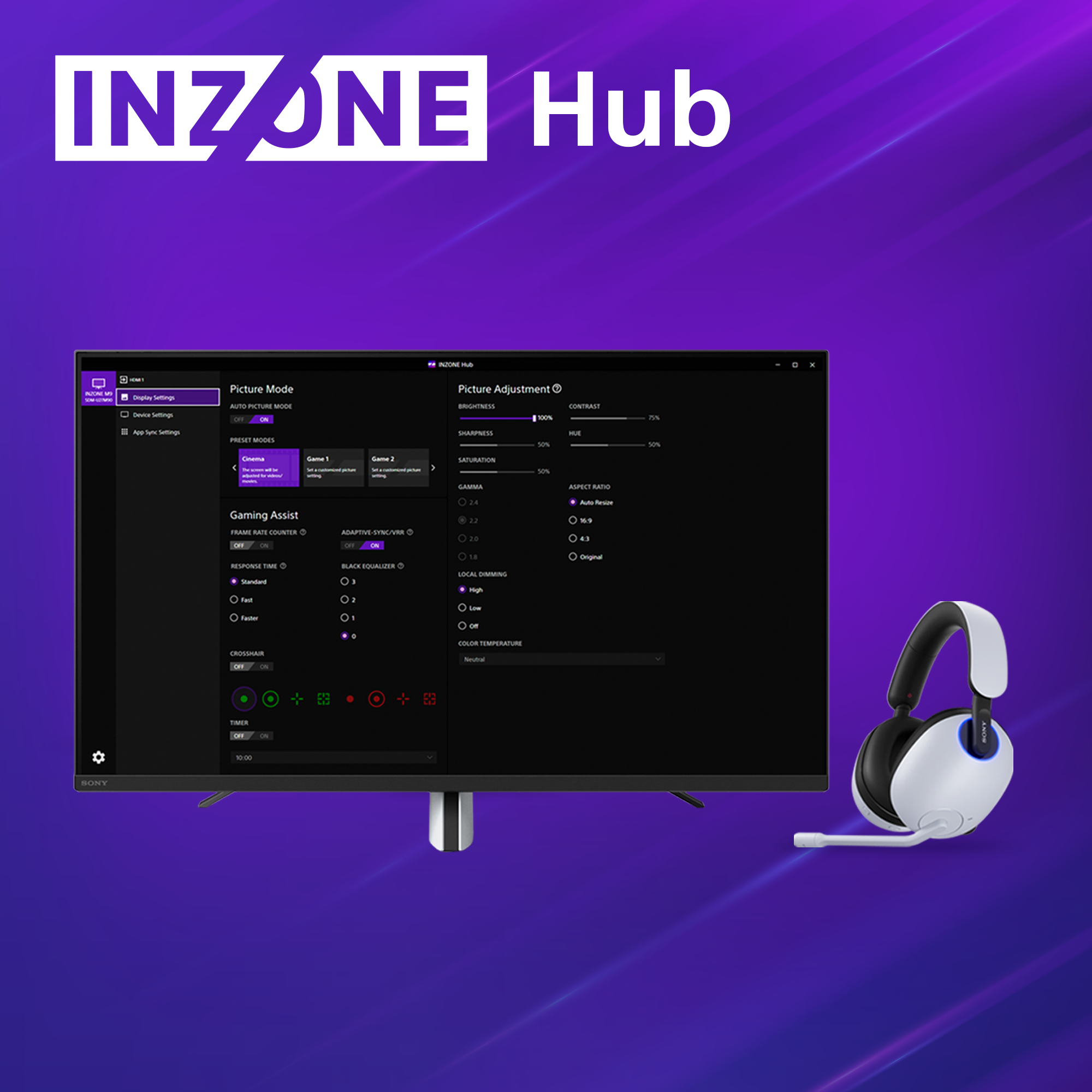 Sony Inzone HUB, gaming headset and monitor on a blue and purple background