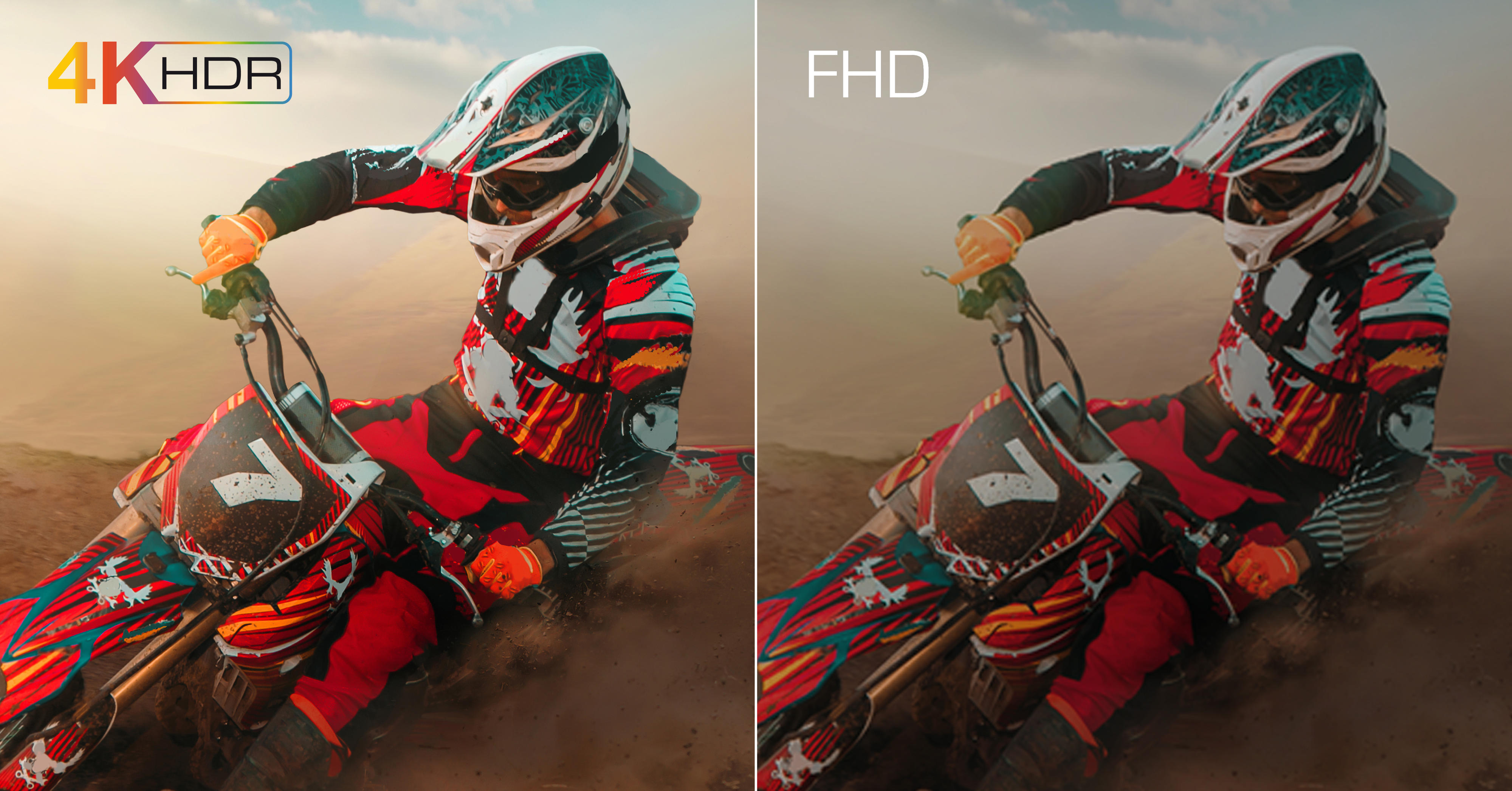 TCL - Vertailukuva moottoripyöräilijästä 4K HDR ja FHD-laatuisina