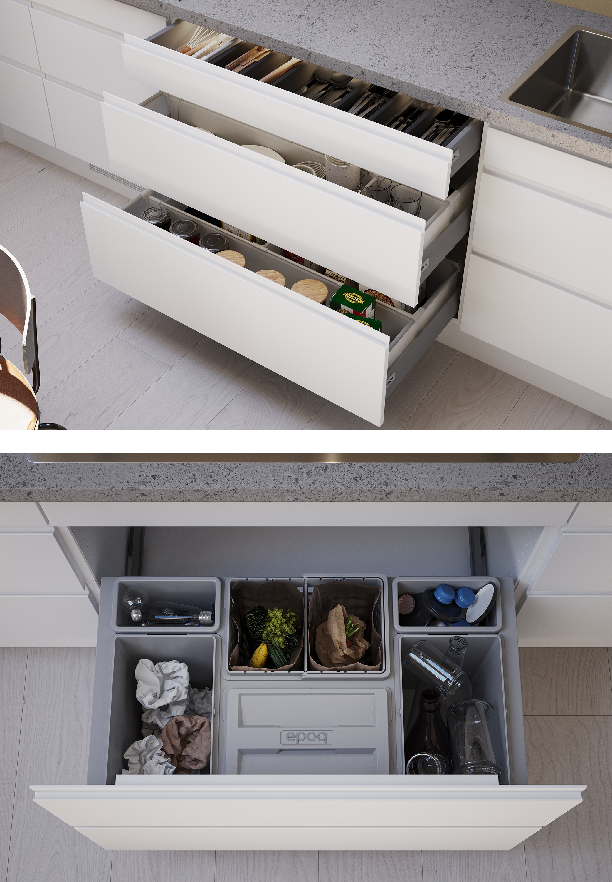 EPOQ keittiö - Integra Chalk - Valkoinen keittiö - Laatikot ja jätteenlajittelu