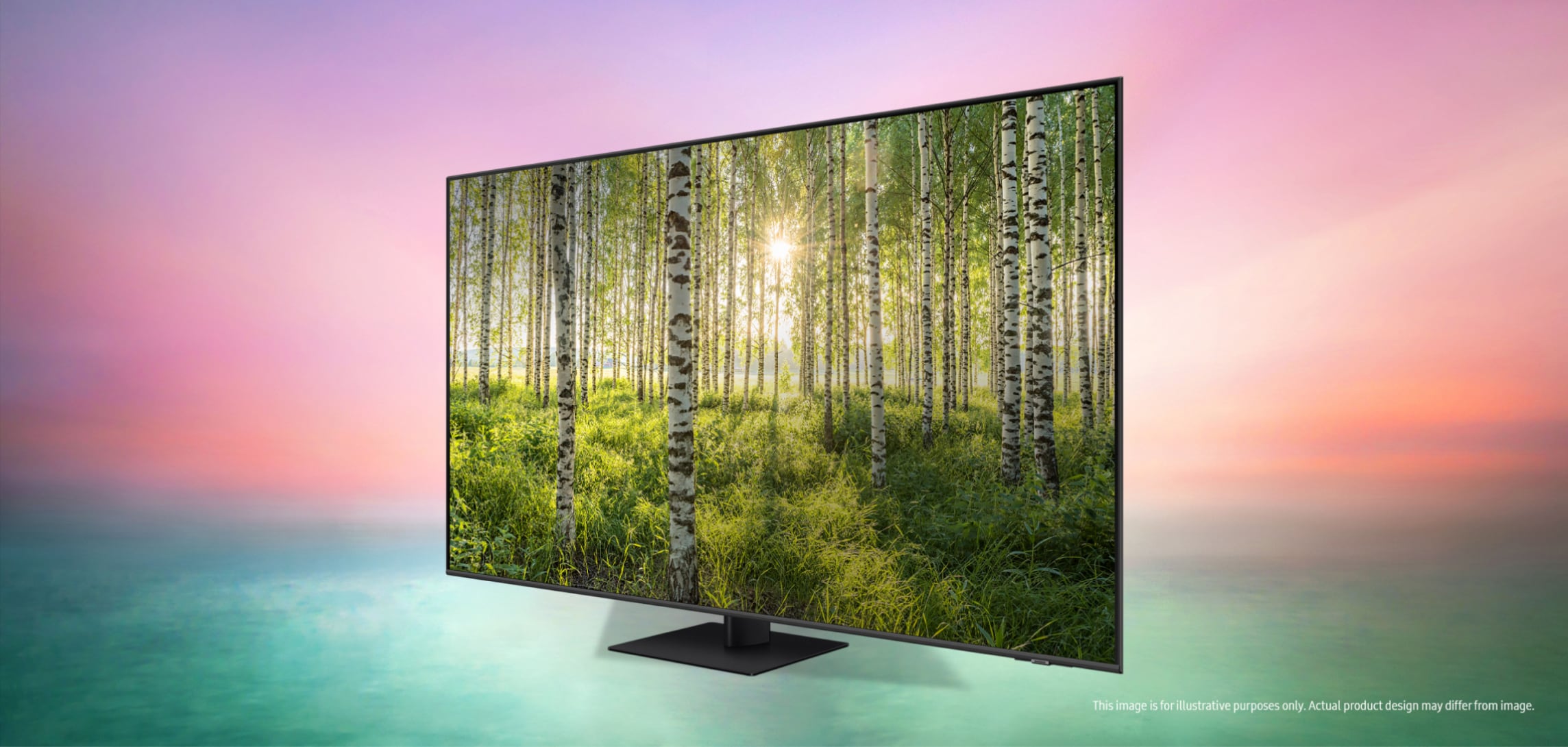 Samsung Q70B TV ja ruudussa kuva koivumetsästä
