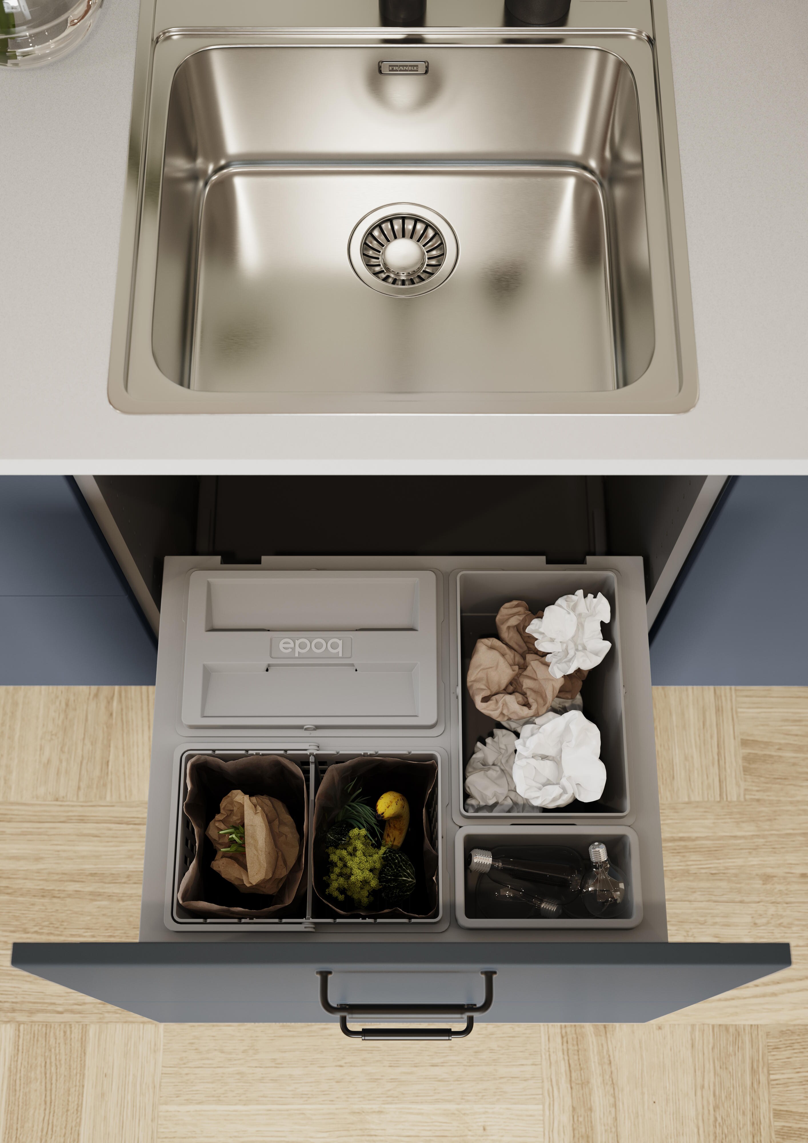 Epoq Trend Blue Grey -sarjan keittiö kuvattuna ylhäältäpäin, jonka avoimessa vetolaatikossa jätteenlajittelujärjestelmä 