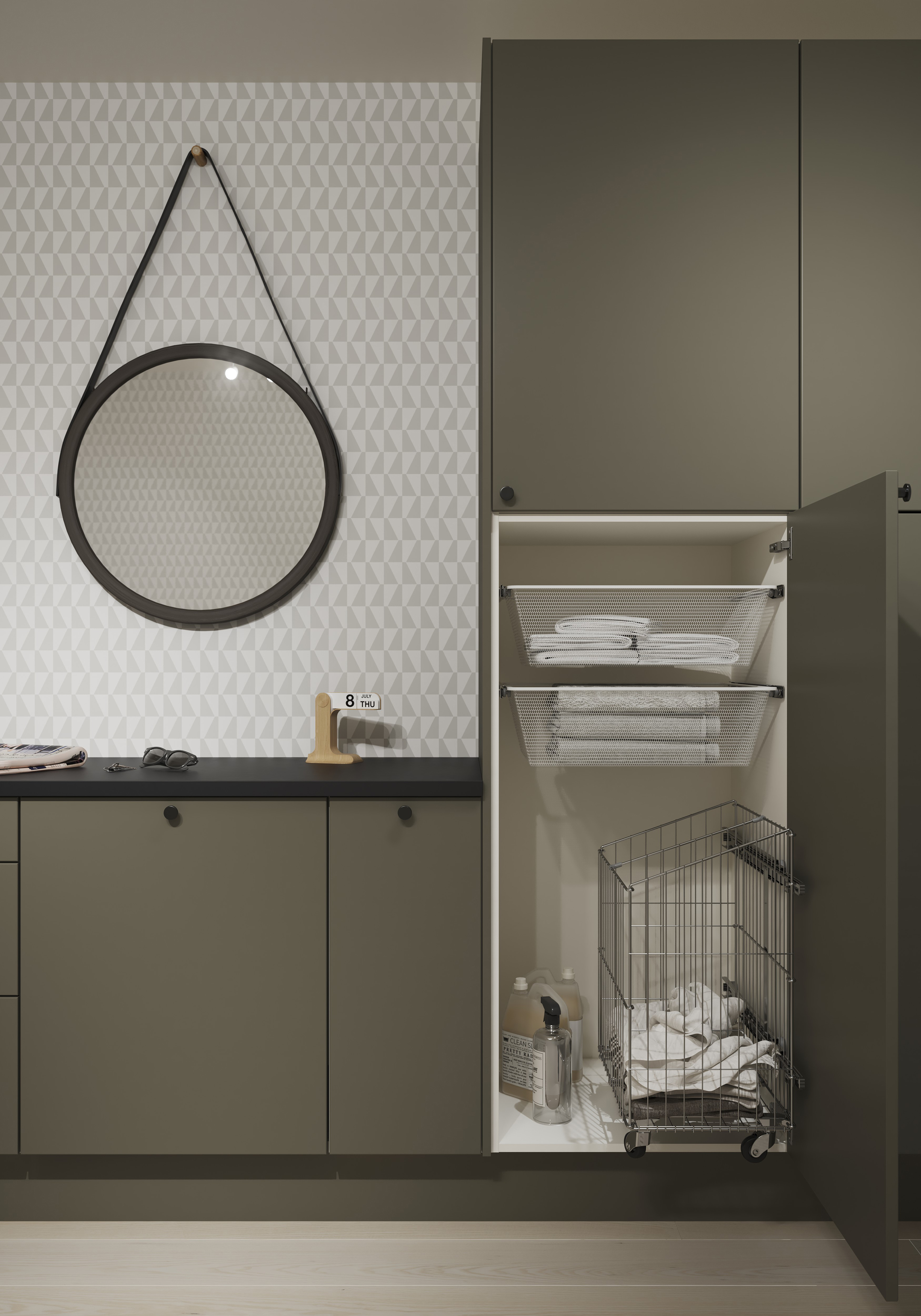 Epoq Trend Moss Green -kodinhoitohuone avoimella kaapilla, jossa kori ja laatikoita