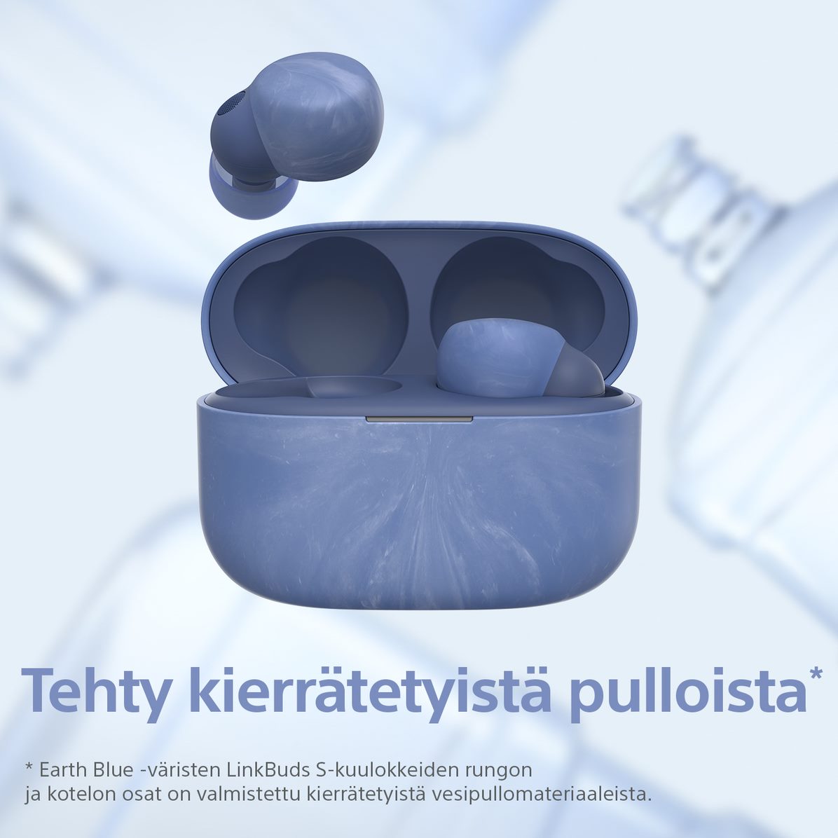 Linkbuds S - Earth Blue linkbuds-kotelo, joka on valmistettu pulloista