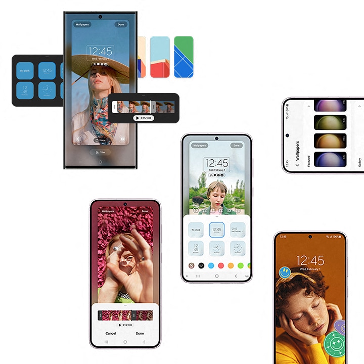 Erilaisia Samsung Galaxy S23 -sarjan puhelimien näyttöjä eri teemoilla ja ulkoasuilla 