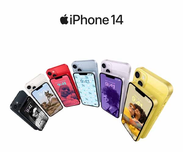 Apple iPhone14 ja 14 Plus -älypuhelimet esiteltynä eri väreissä; musta, valkoinen, punainen, sininen, violetti ja keltainen
