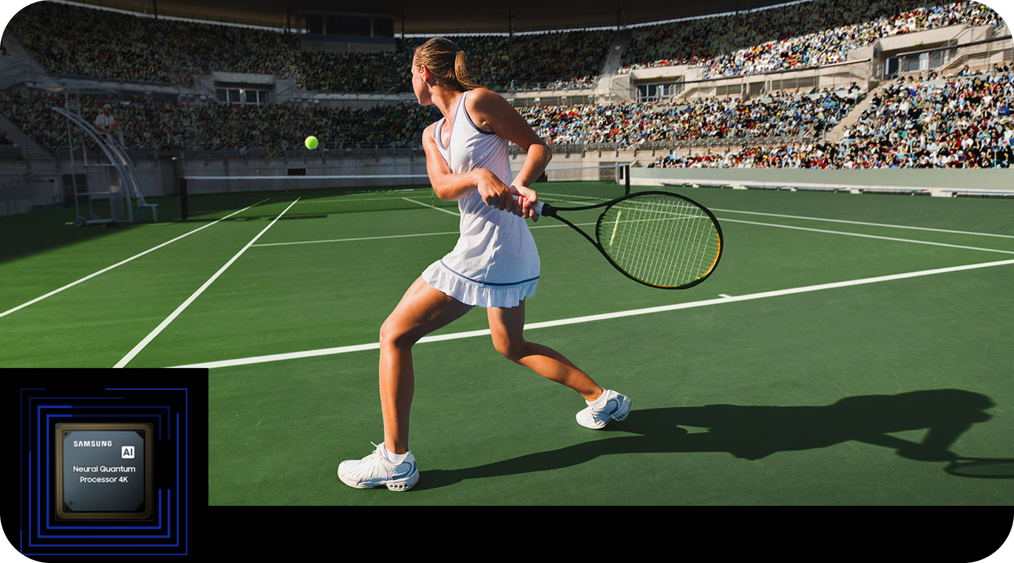 Samsung TV ja Neural Quantum Processor 4K -suoritin ja tyttö pelaamassa tennistä