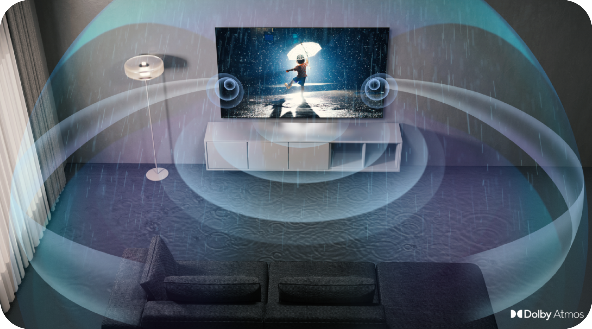 Samsung TV ja Dolby Atmos ja ääniaaltoja ympäri huonetta