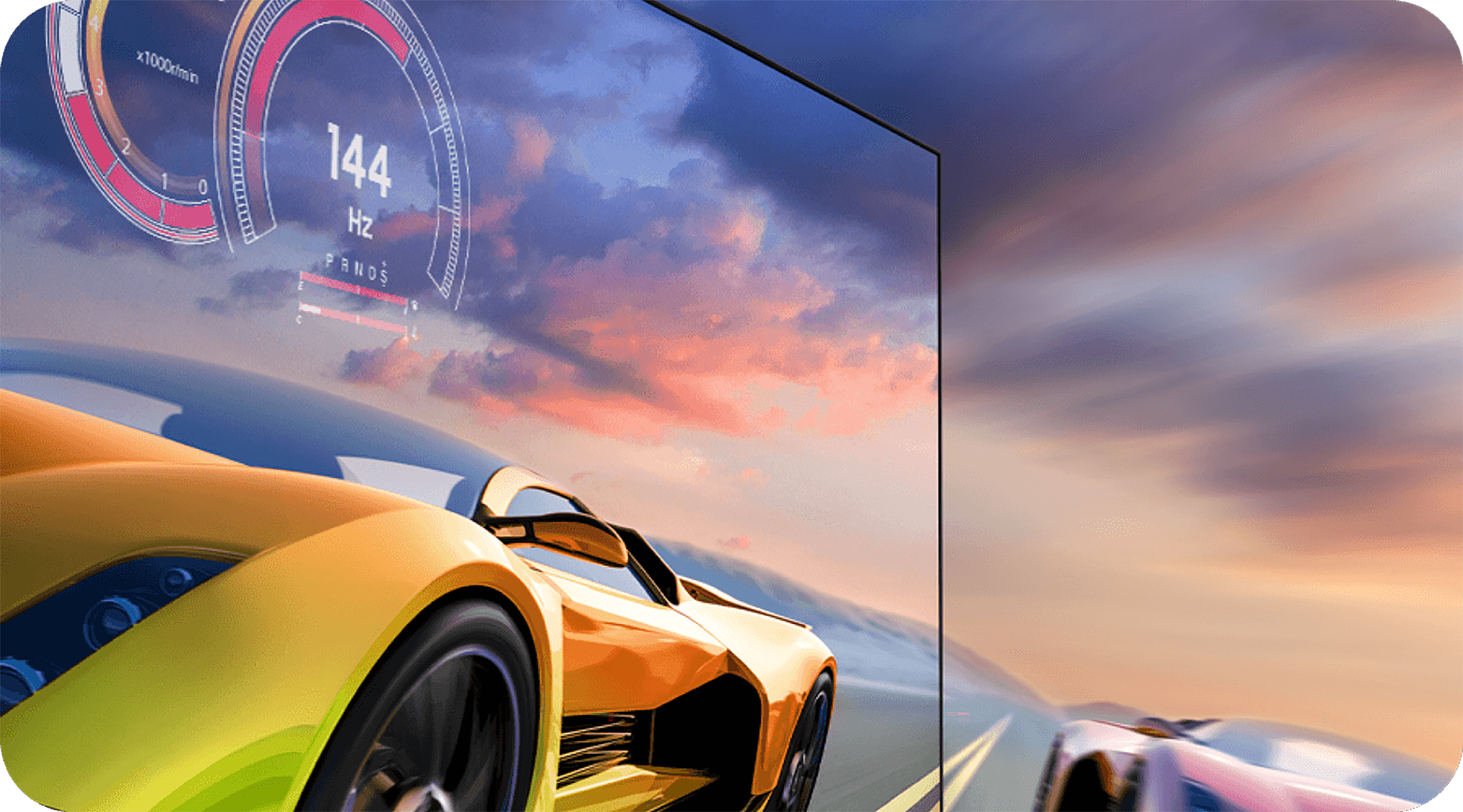 Samsung TV ja Motion Xcelerator Turbo+ 4K@144Hz (HDMI 2.1) ja kilpa-auto ajamassa televisioruudun läpi