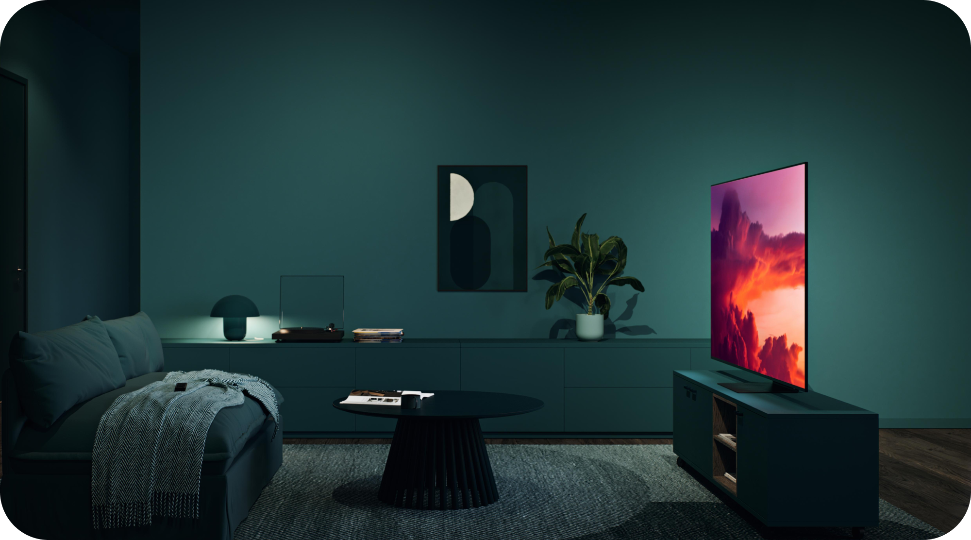 Samsung OLED TV olohuoneessa, jossa on vihreät seinät