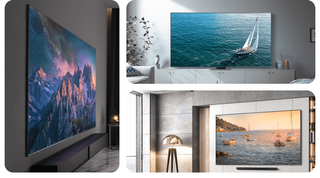 Kuvakollaasi, jossa esitellään kauniita Samsung-televisioita