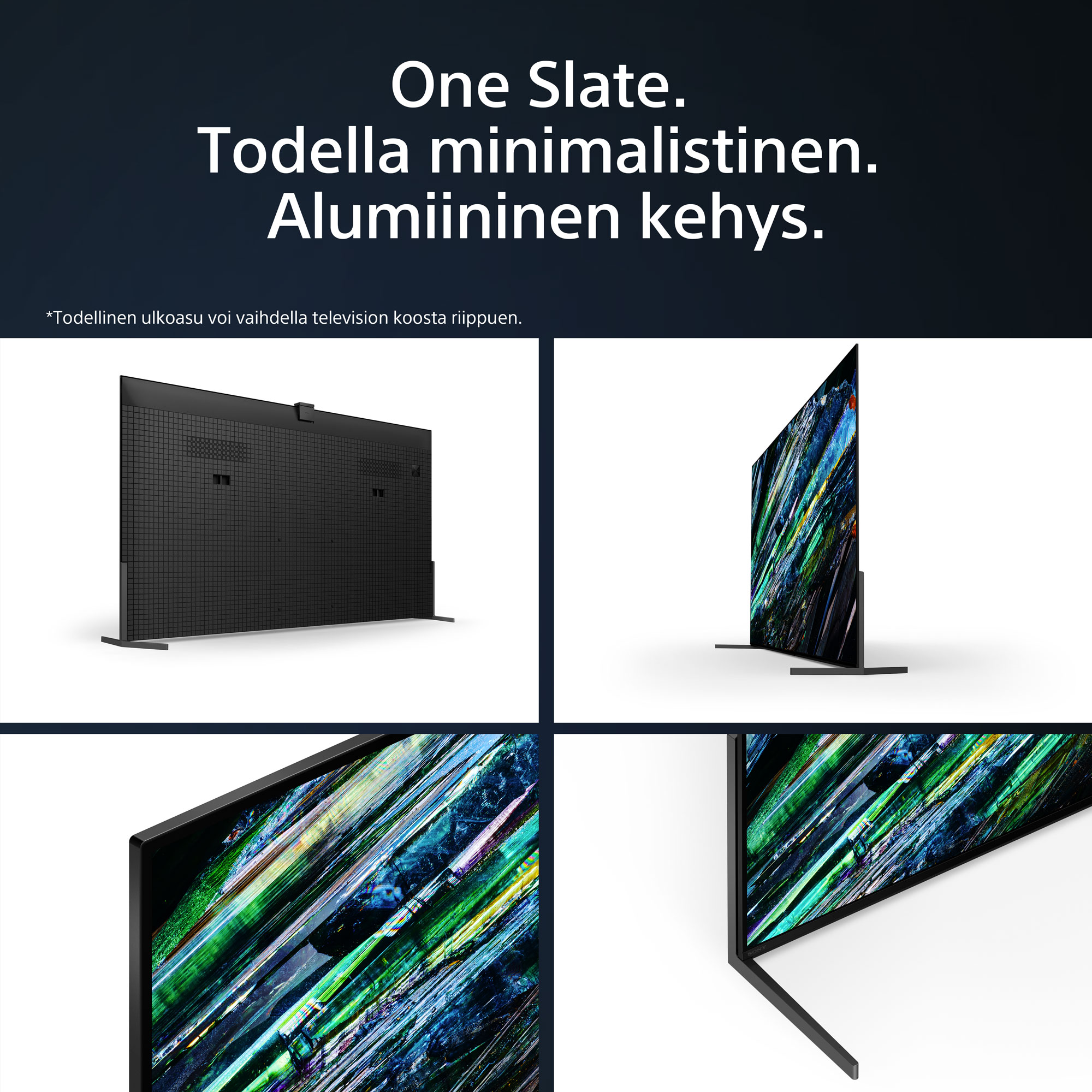 Eri Sony A95L -televisioita havainnollistamassa TV:n aidosti minimalistista muotoilua