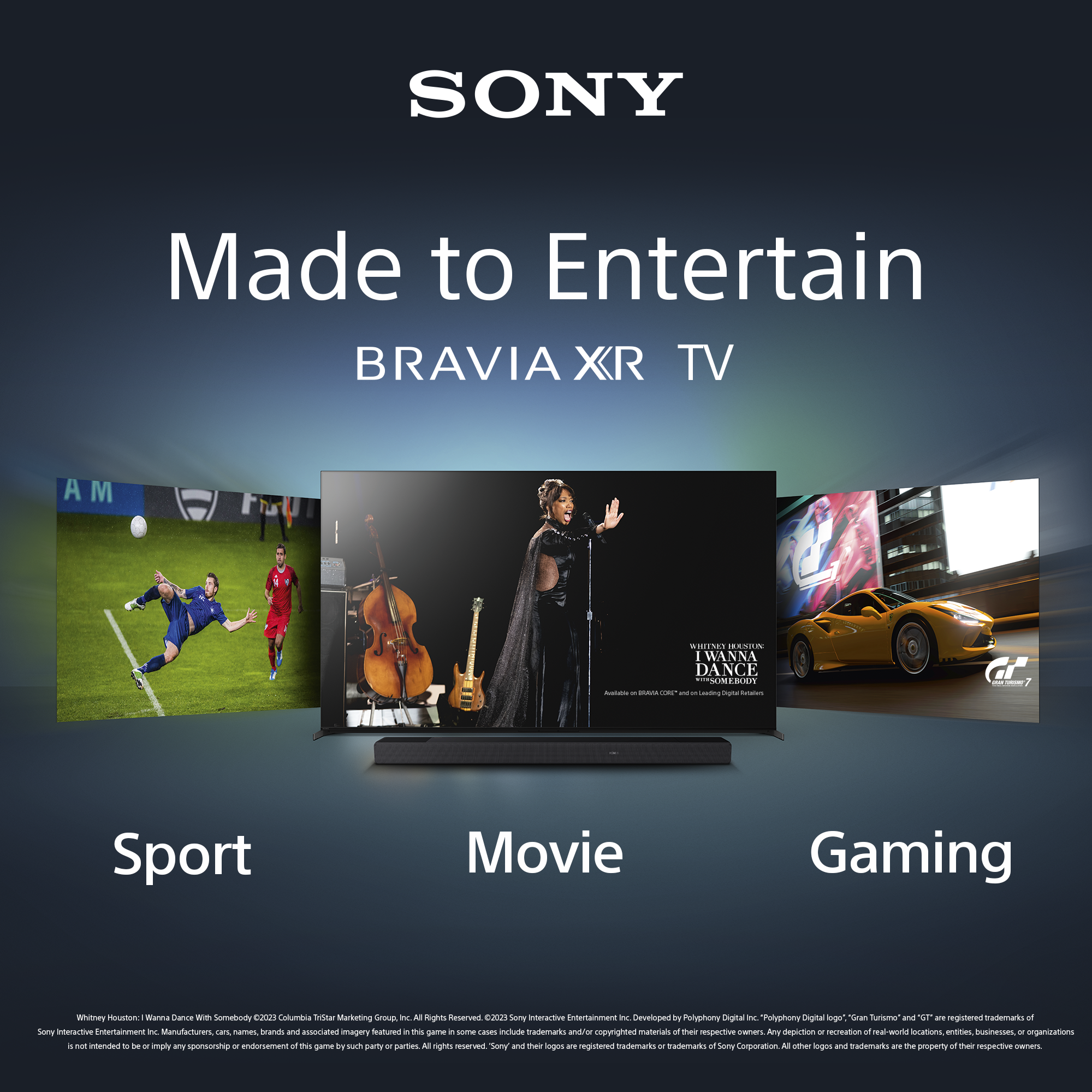 Sony A95L TV ja teksti 'made to entertain' - Täydellinen viihteeseen, pelaamiseen ja urheilun katsomiseen