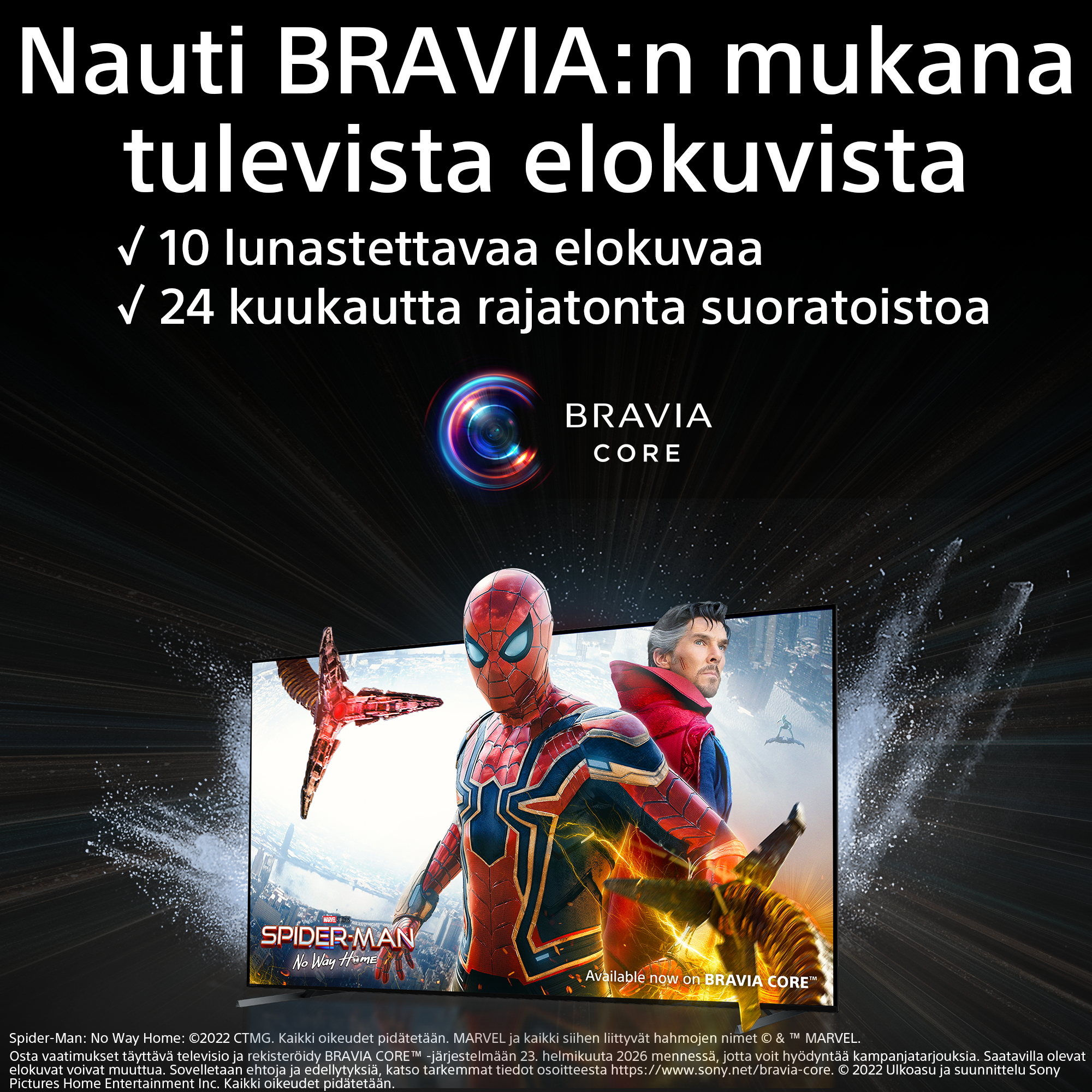 Sony A95L TV, Spider man ja Doctor Who ja teksti 'Nauti BRAVIA:n mukana tulevista elokuvista'