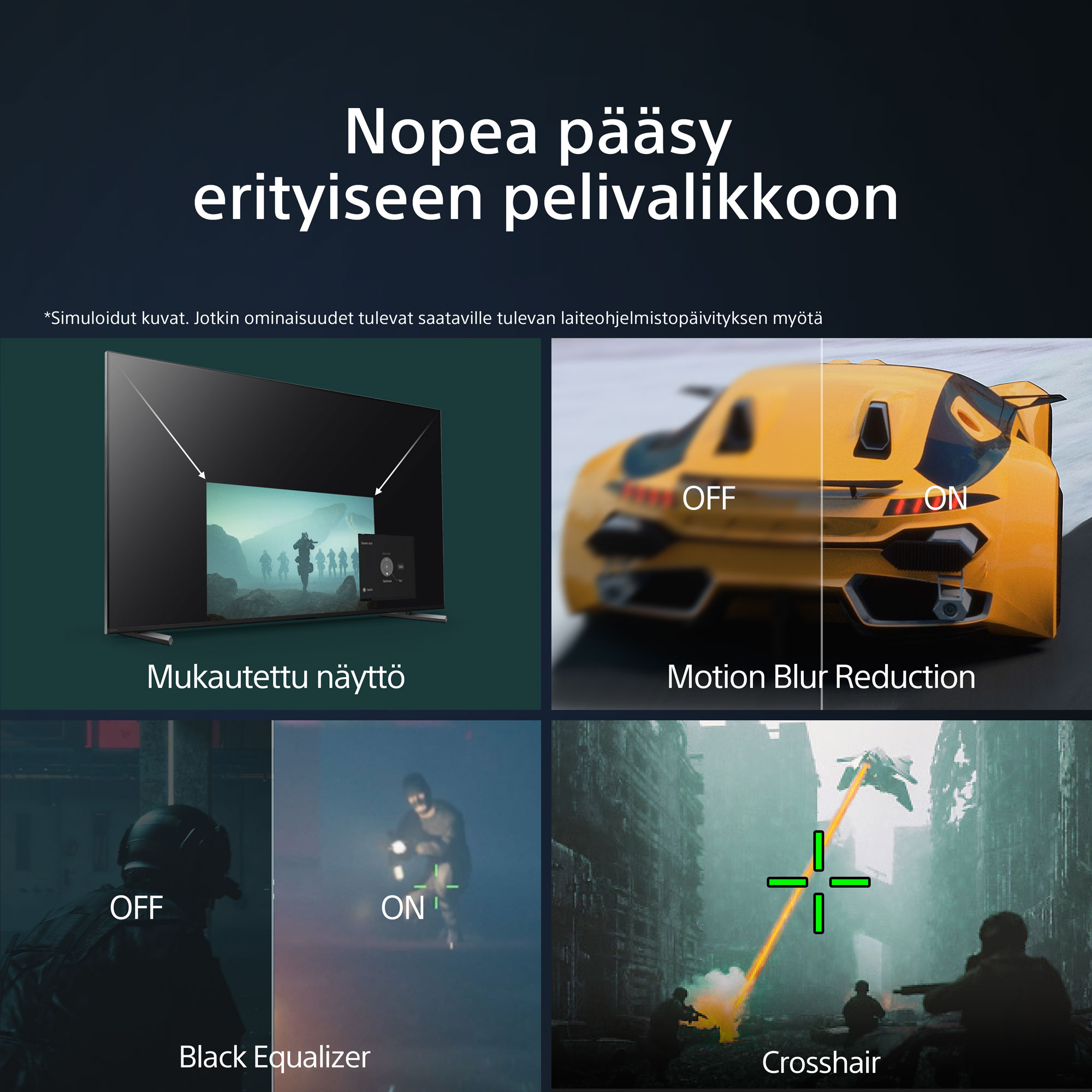 Erilaisia Sony A95L -televisioita ja teksti 'Nopea pääsy erityiseen pelivalikkoon'