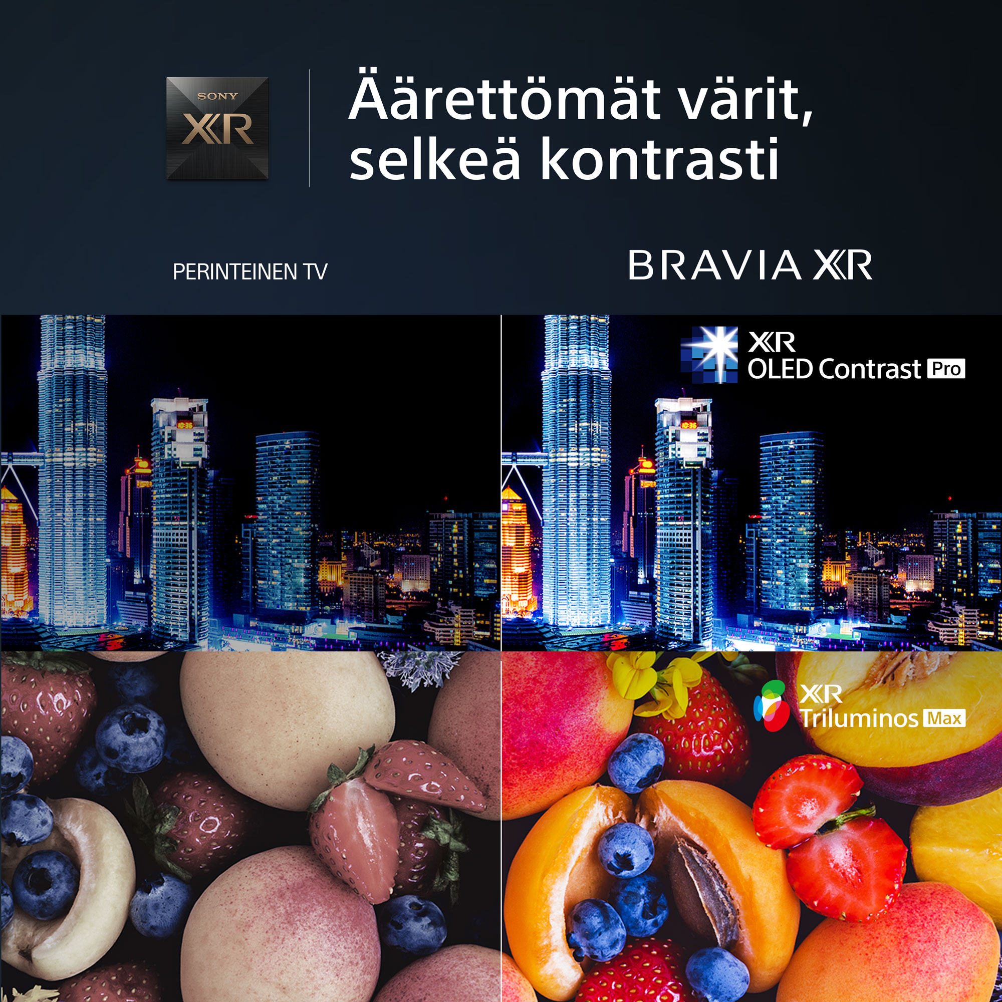 Sony A95L TV ja teksti 'Äärettömät värit, selkeä kontrasti'