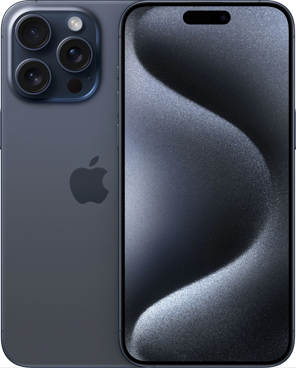 Älypuhelin - iPhone 15 Pro Max takaa ja edestä kuvattuna