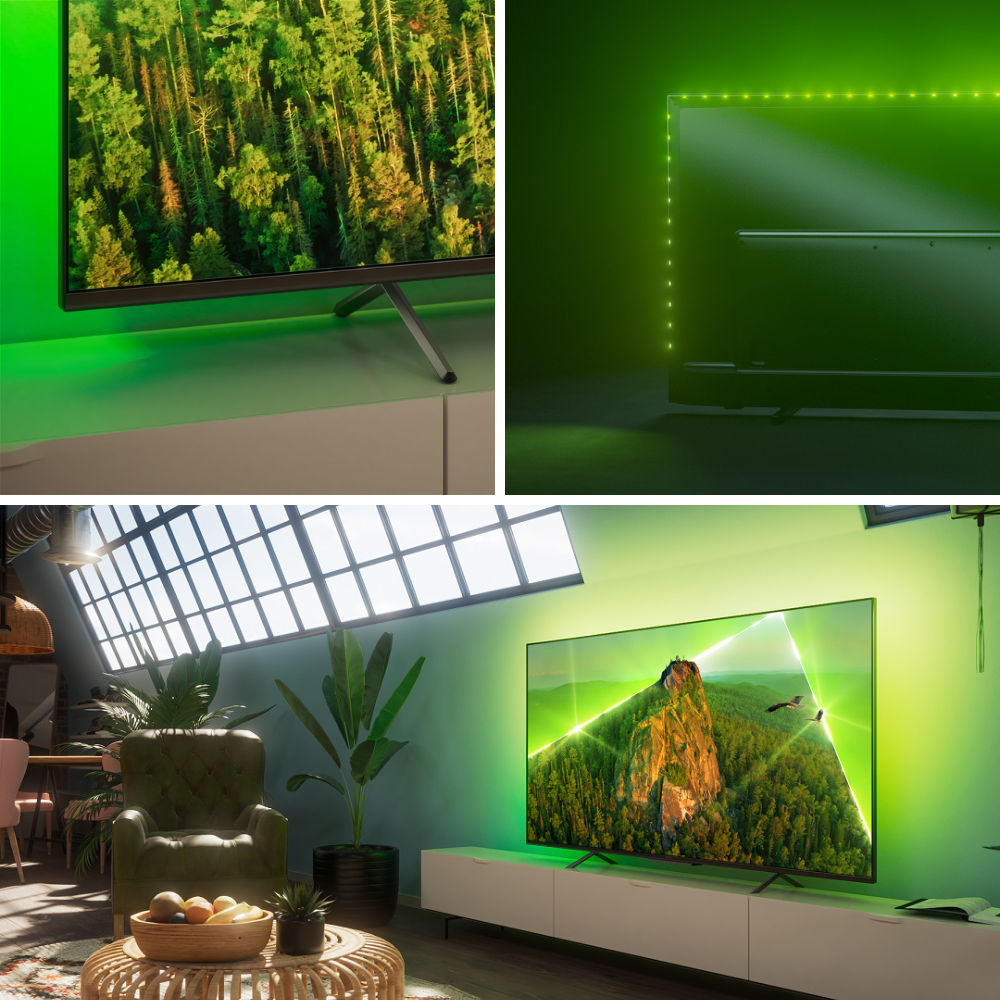 Kuvakollaasi, jossa Philips Ambilight-televisio kuvattuna eri kuvakulmista