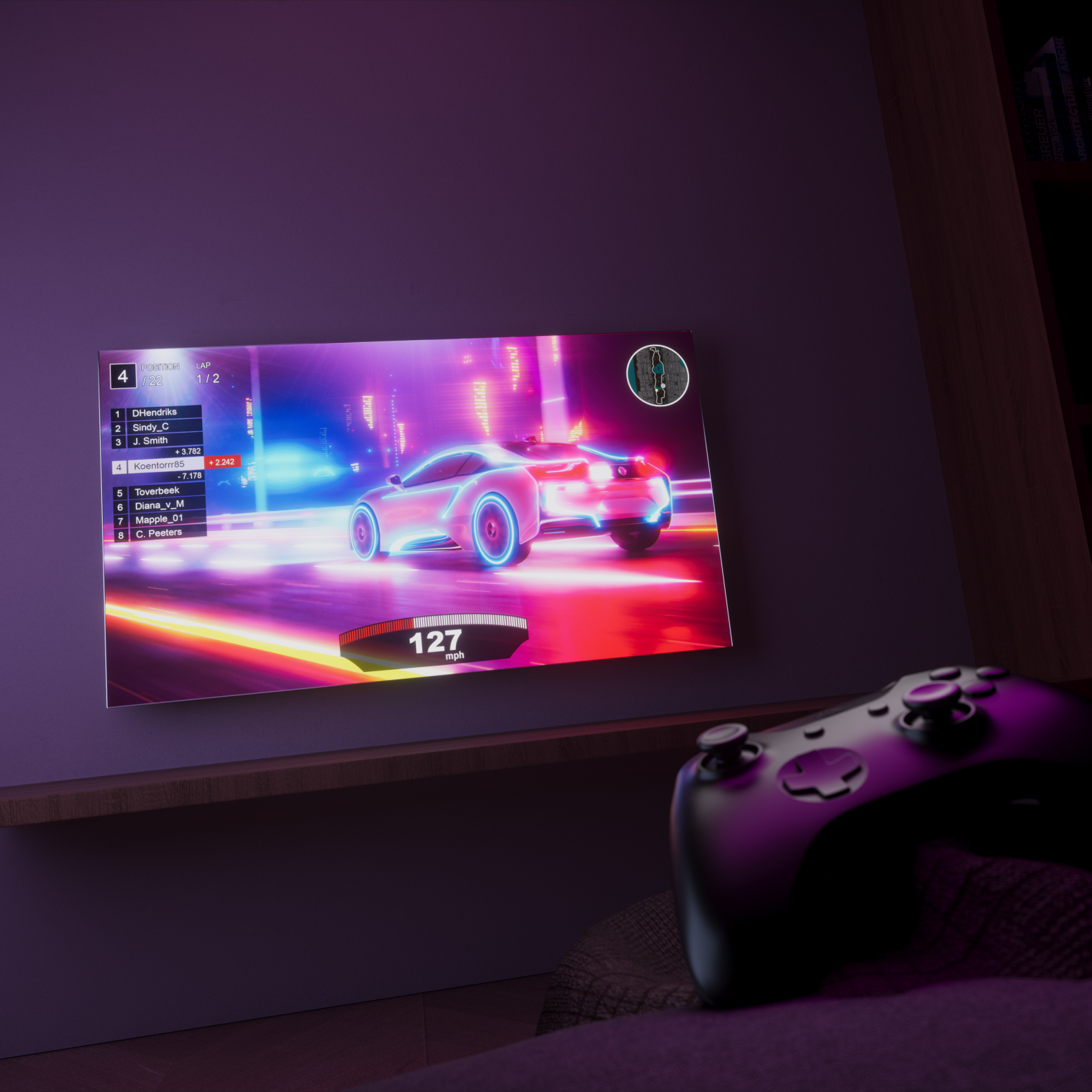 Philips PUS7608 -televisio, jossa näkyy kuva ajopelistä, sekä peliohjain sen edessä