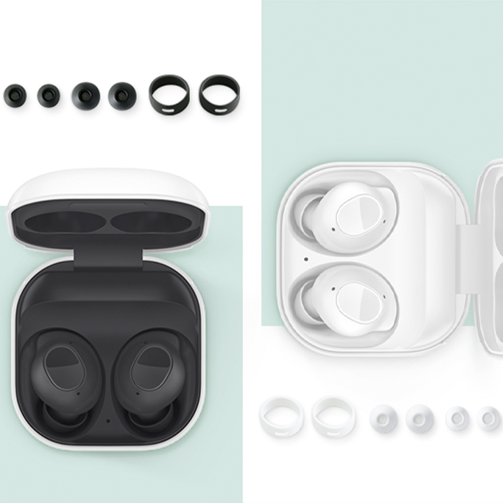 Samsung Buds FE -nappikuulokkeiden musta ja valkoinen värivaihtoehto 