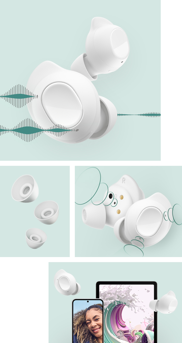 Samsung Buds FE -kuulokkeet sekä tabletti ja älypuhelin