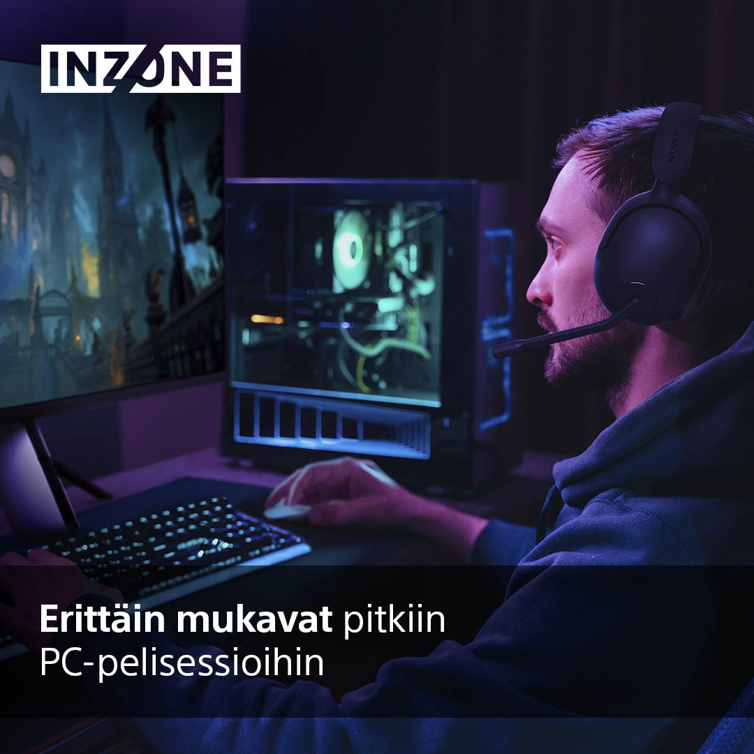 Mies pelaa Sony INZONE H5 langattomat pelikuulokkeet päässään