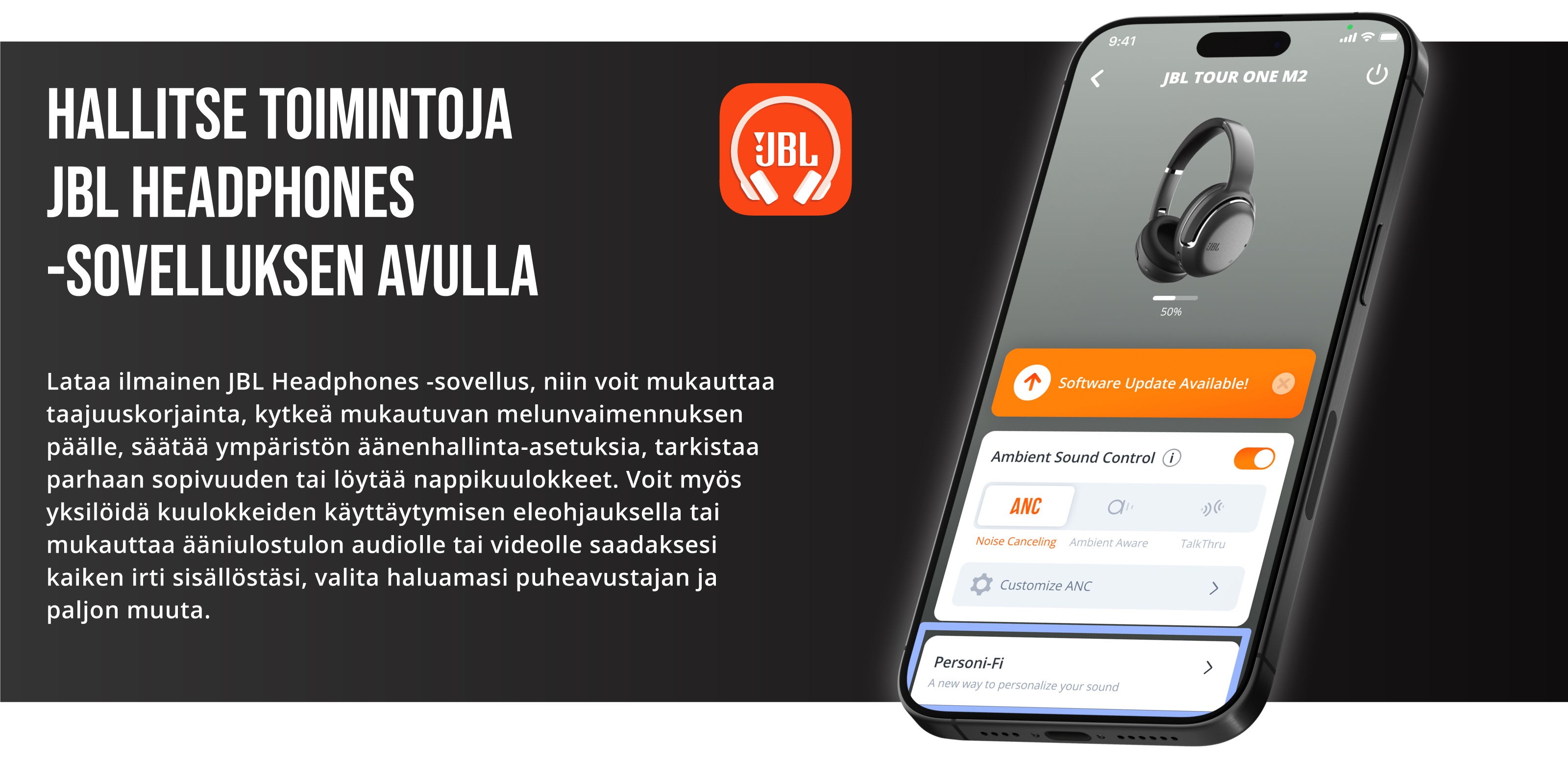 Älypuhelin, jossa näkyy JBL Headset -sovellus, sekä tietoa JBL Tour Pro 2 -kuulokkeista