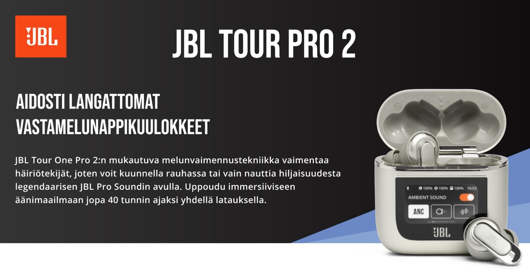 Täysin langattomat JBL Tour Pro 2 -kuulokkeet ja niiden latauskotelo, sekä tietoa kuulokkeista