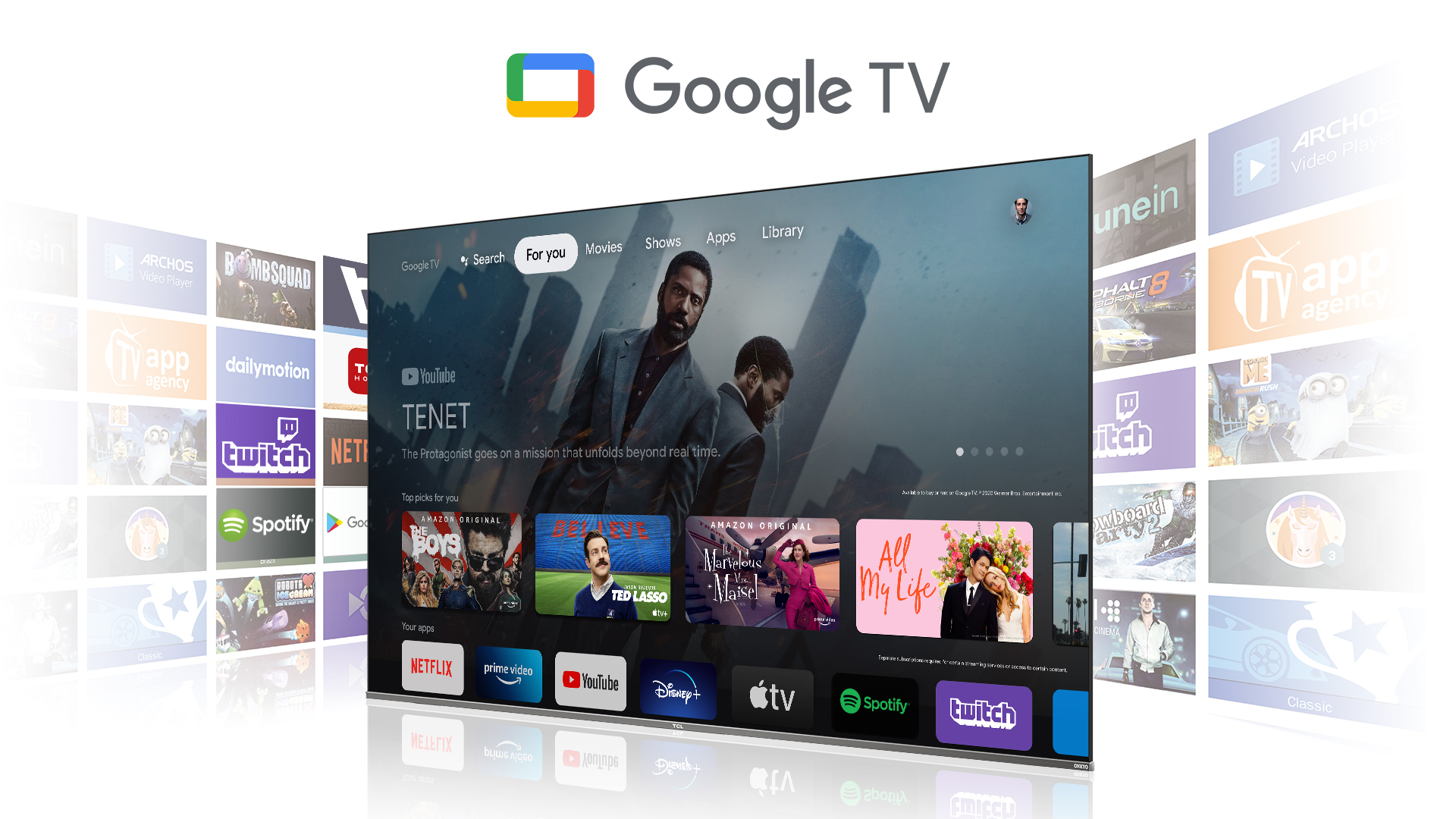 TCL MQLED80 -tv ja eri suoratoistopalvelujen logoja, sekä teksti Google TV