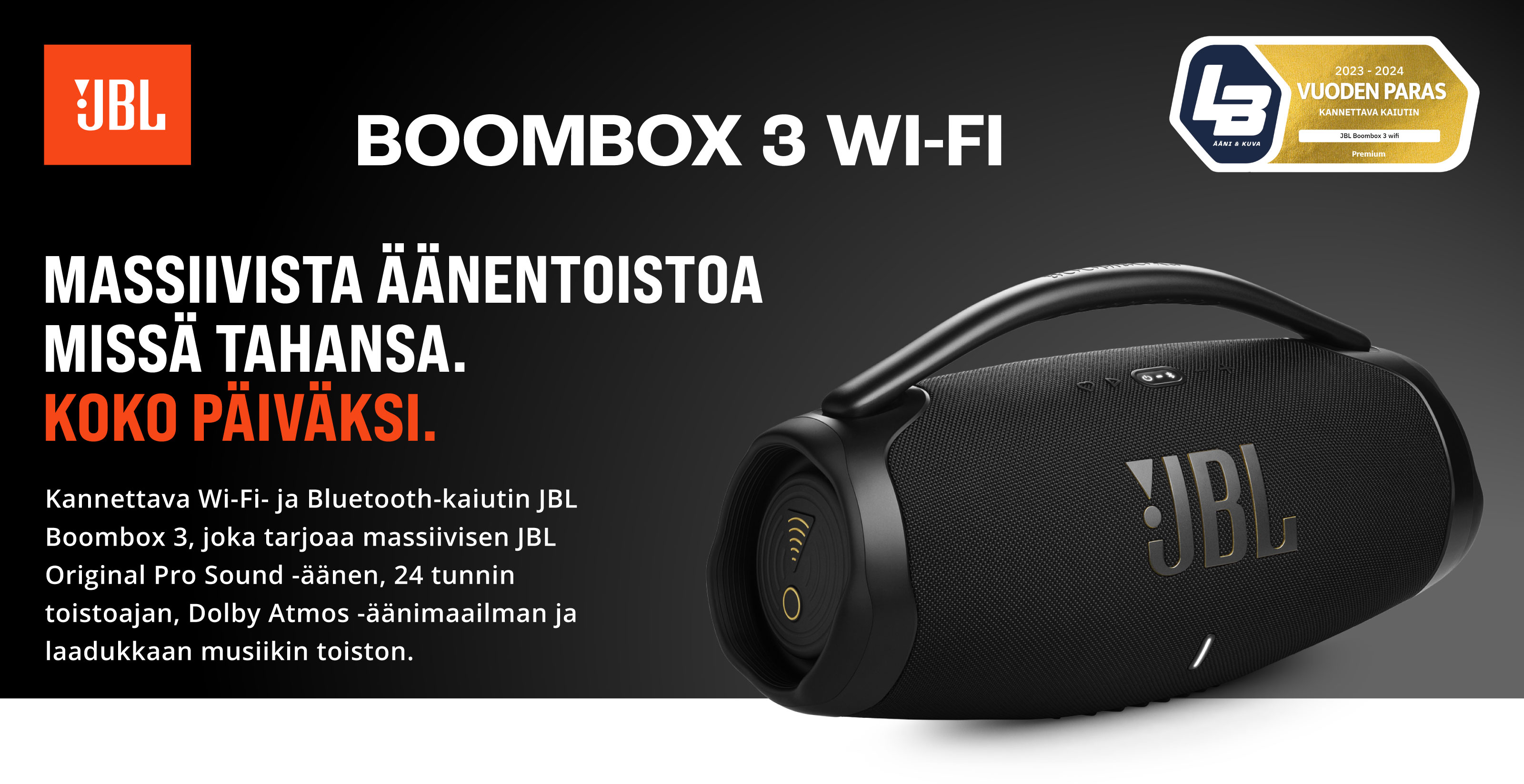 JBL Boombox 3 Wifi - massiivista äänentoistoa missä tahansa, koko päiväksi