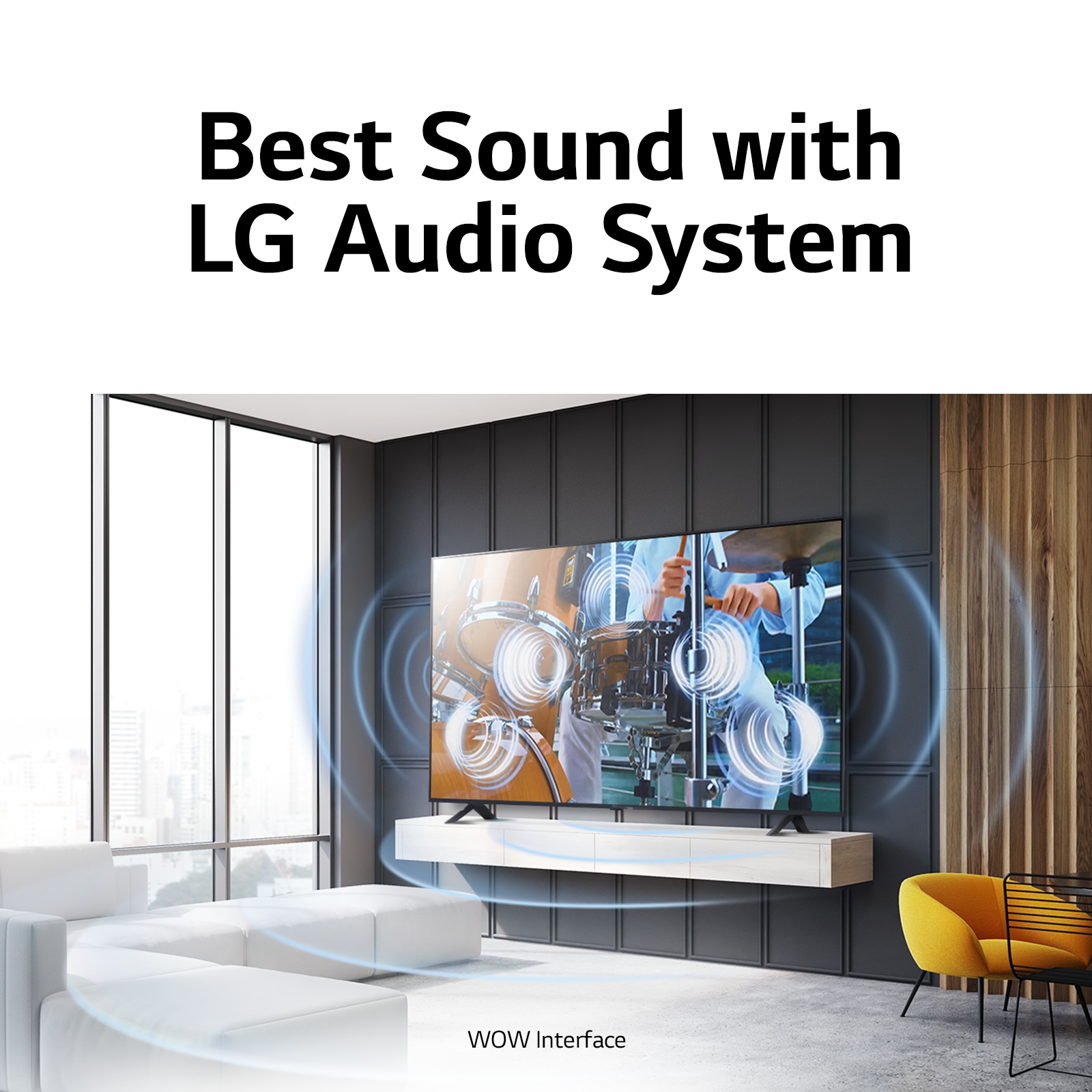 LG UHD-tv modernissa olohuoneessa, sekä teksti Best Sound with LG Audio System