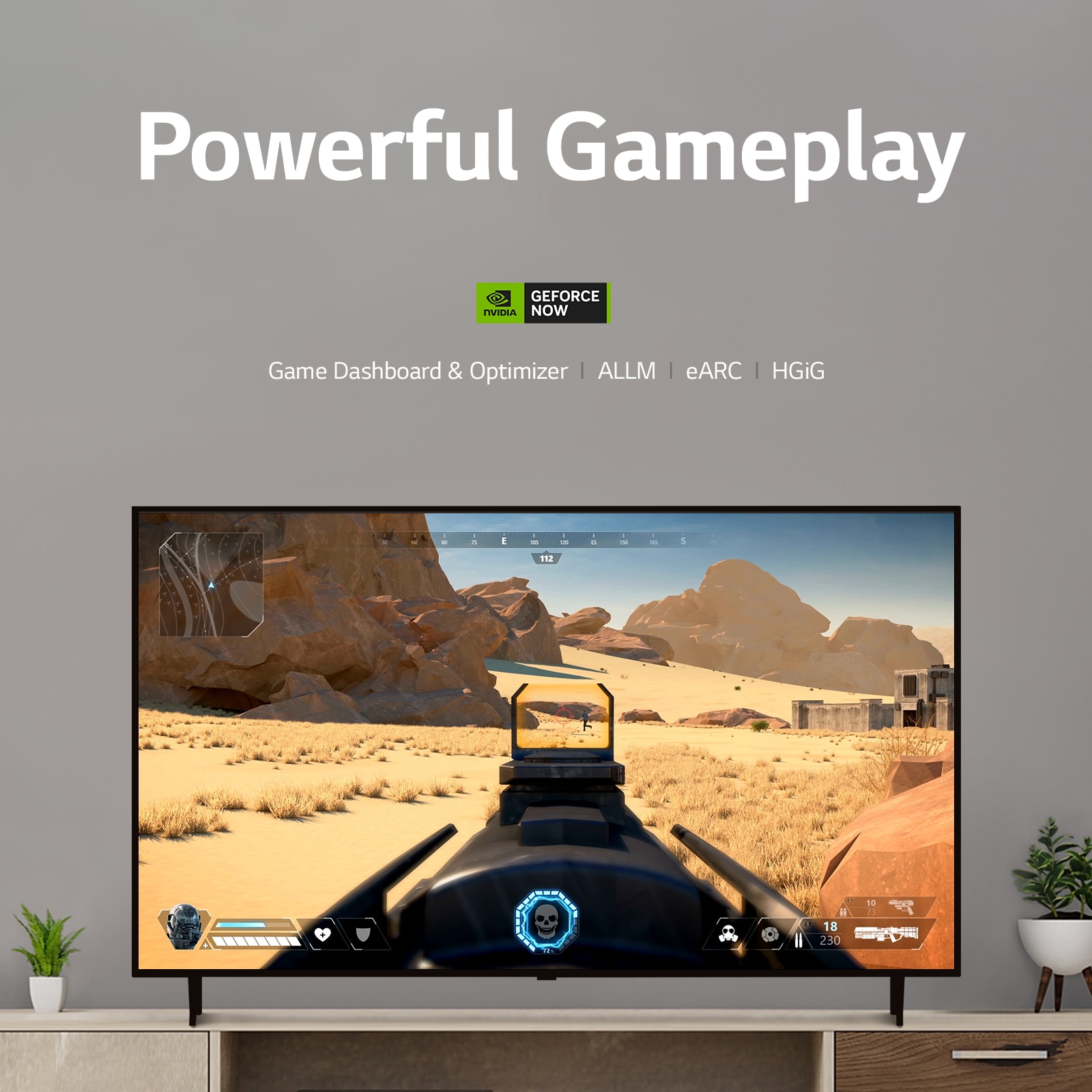 LG UHD-tv, jossa kuva aavikolla ajavasta mustasta ajoneuvosta, sekä teksti Powerful Gameplay
