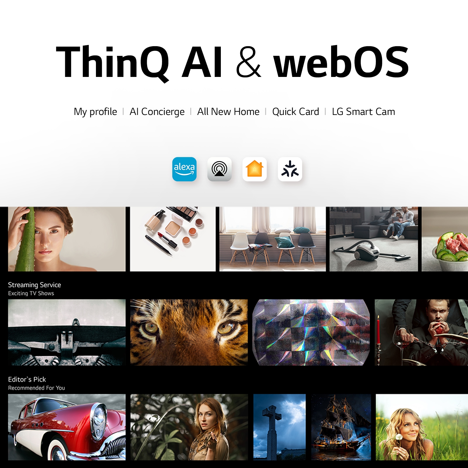 LG-television käyttöliittymä ja teksti ThinQ AI & webOS