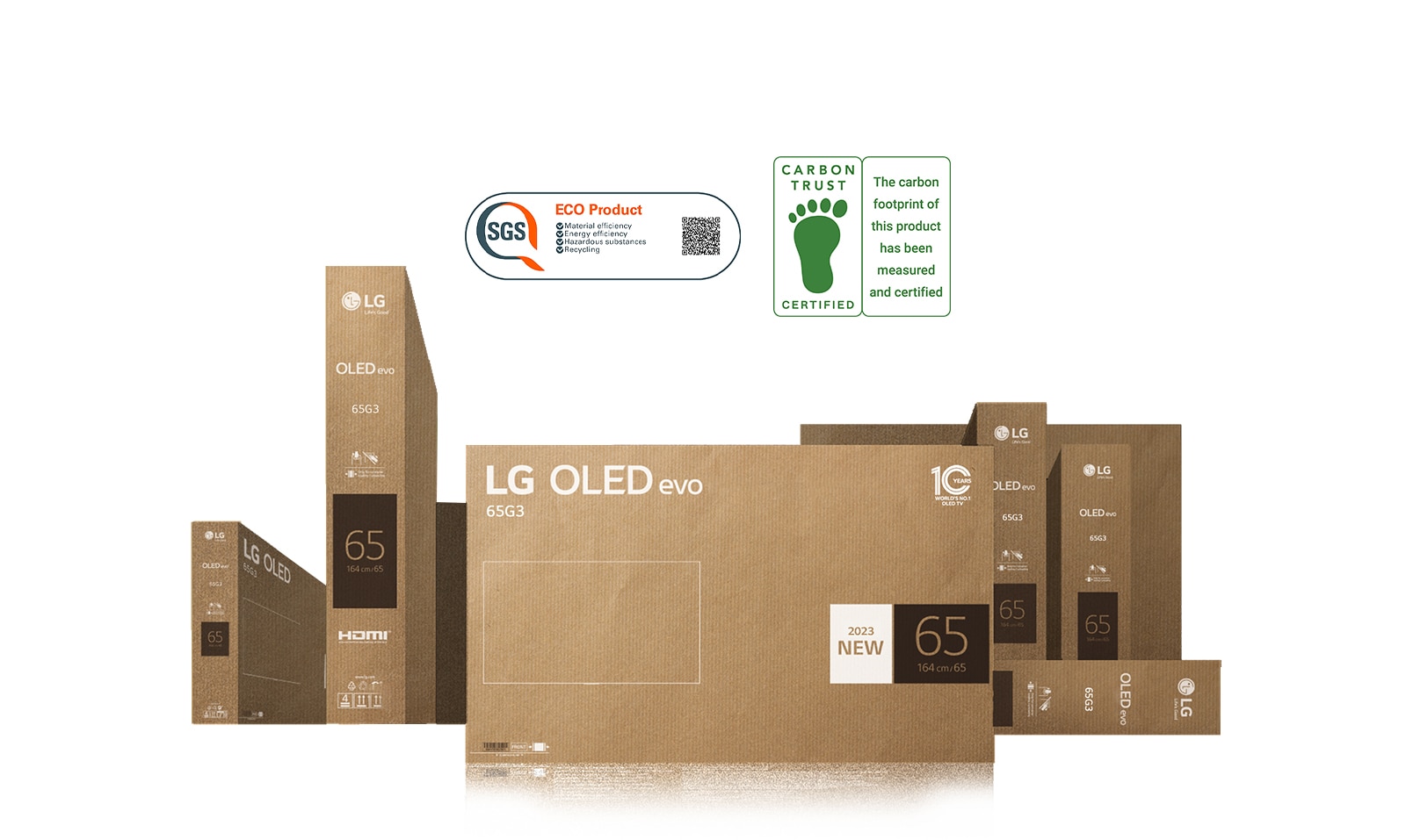LG OLED-television tuotepakkauksia, sekä Eco Product ja Carbon Trust -sertifikaattien kuvat