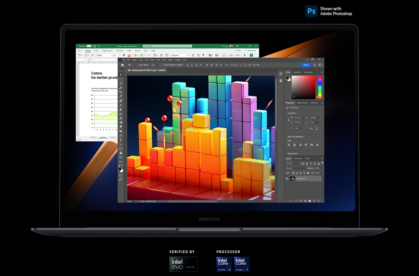 Galaxy Book4 Pro ja Adobe Photoshop ja Microsoft Excel -sovellukset avoimina näytöllä