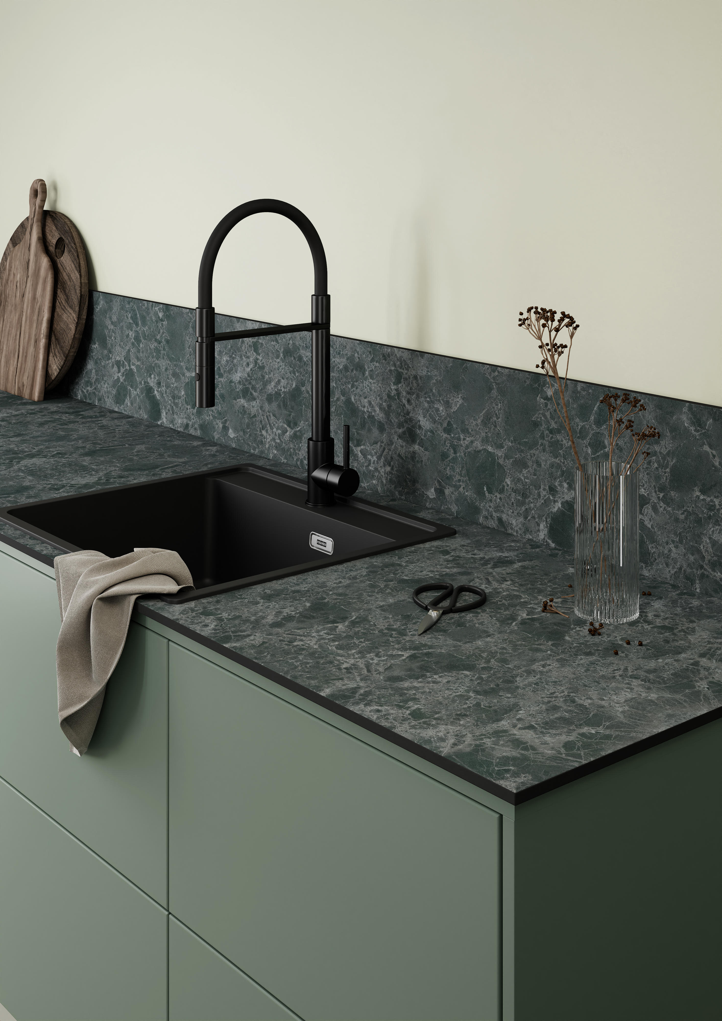 Kompaktilaminaatti Kings Marble Green -työtaso yhdistettynä Trend Sage -etulevyihin