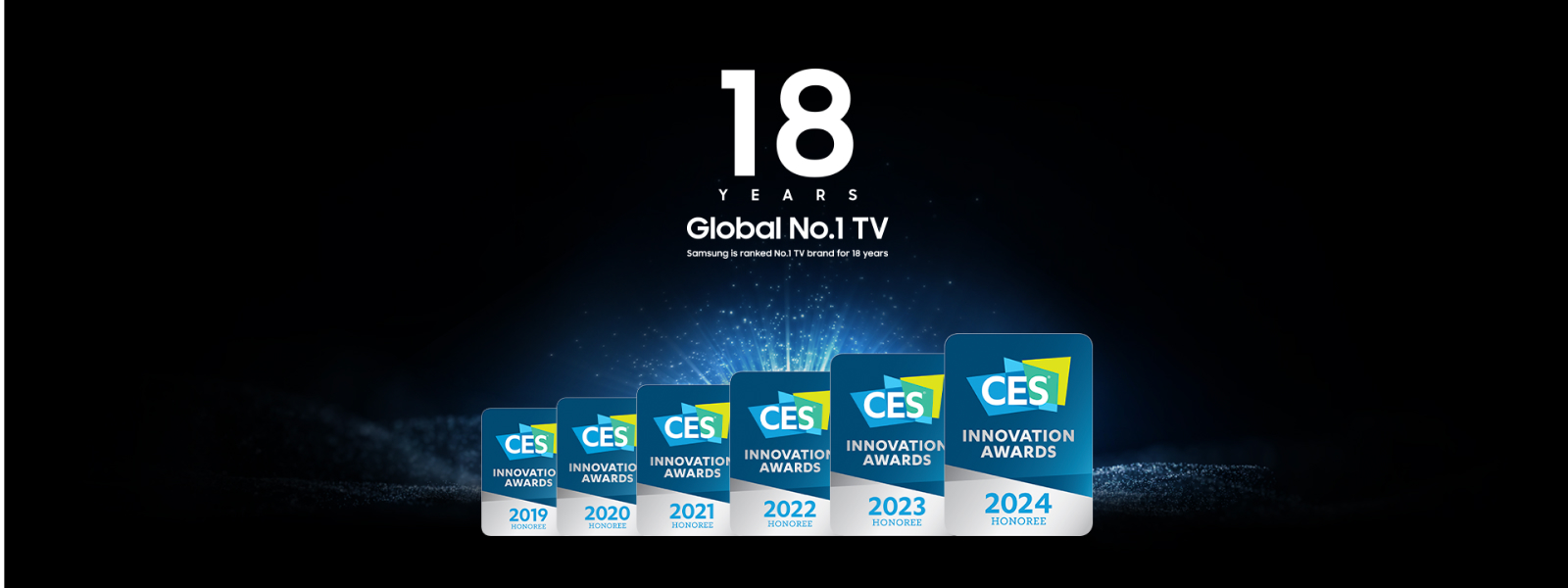 CES Innovation Awards-palkinnon ikoneita, sekä teksti 18 years Global No.1 TV