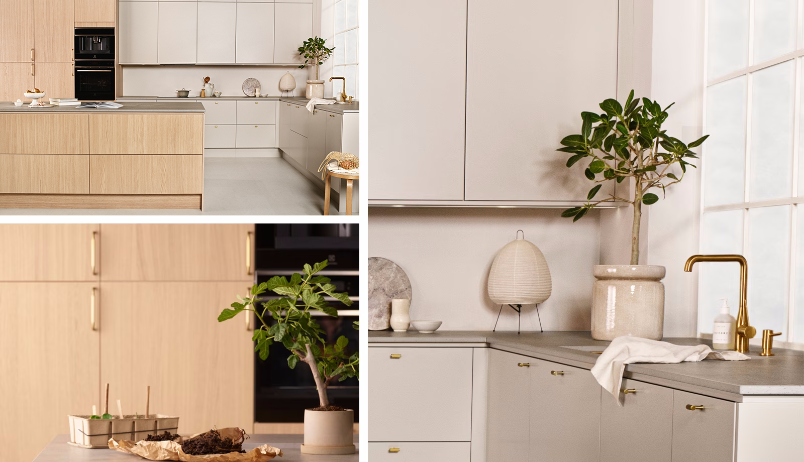 Kuvakollaasi, jossa Epoq Edge Natural Oak, Dark Oak ja Trend Greige -keittiöt