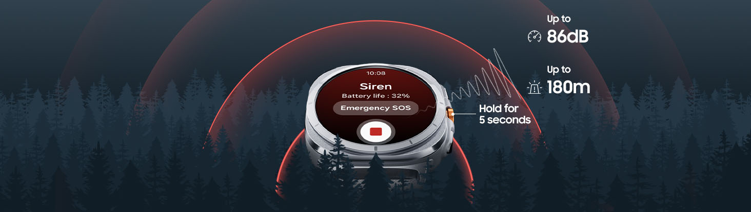 Galaxy Watch Ultran näytöllä on esillä älykellon Siren-toiminto