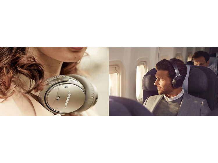 Lähikuva melua vaimentavista kuulokkeista naisten kaulassa ja miehellä korvillaan lentokoneessa